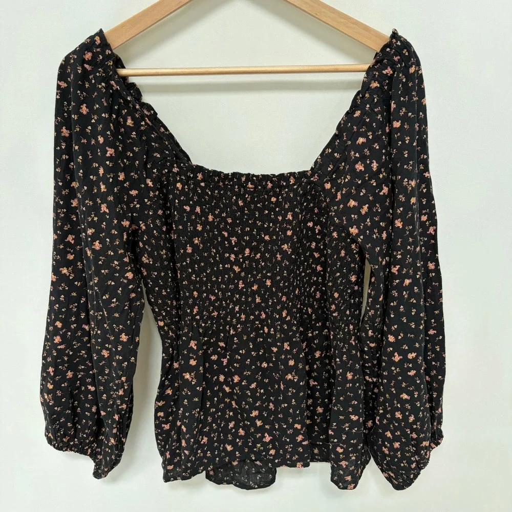 Madewell Smocked Floral Puff Sleeve Blouse 12 Black Womens NWT Boho Square Neck
